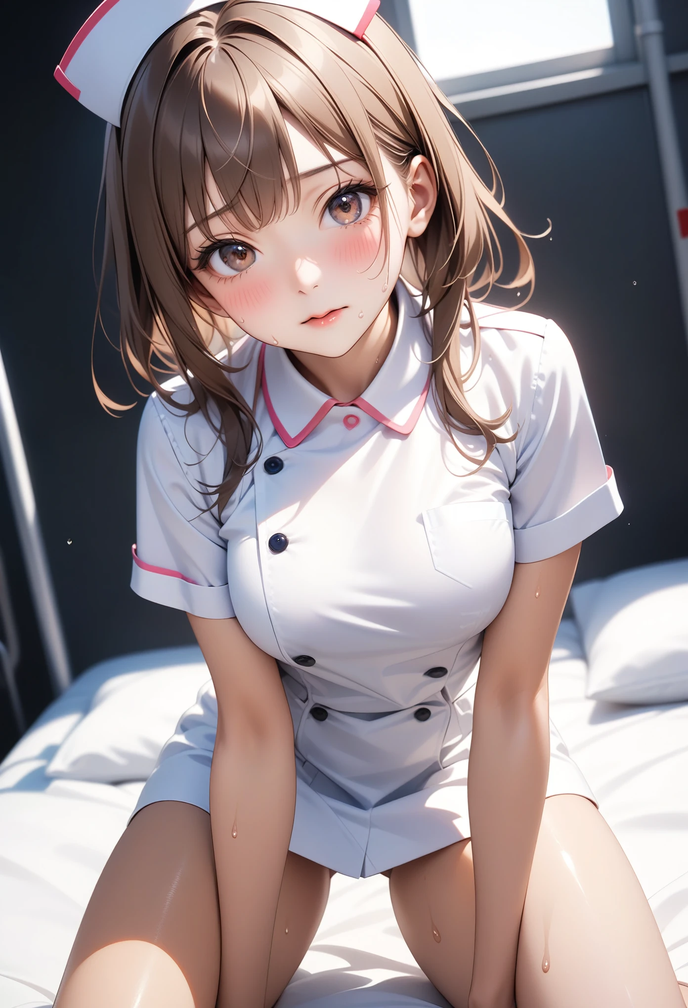 (((nurse uniform, skirt))), ((Shiny Costumes)), skindentation, skinny, solo, 1 woman, Masterpiece, highest quality, highest quality, 16K, incredibly absurd, highly detailed, 2.5D, ai-generated, delicate and dynamic, very delicate facial expressions, delicate eye depiction, erotic, only sexy woman, ((A cute and kind face)), healthy figure, ((25-year-old woman)), 160cm tall, medium firm swaying bust, , blush, Sweat,Embarrassed,sexy, ((thin thighs)), (camel toe:0.7), (visible nipples:0.3), (Erect nipples,:0.7), shiny and lustrous, facing straight at viewer, (((in heat))), ((Oily_skin)), ((Lots of sweat)), (((Brown Skin))), ((dutch angle)), ((erotic pose)), (((Collapsed from heat stroke))),