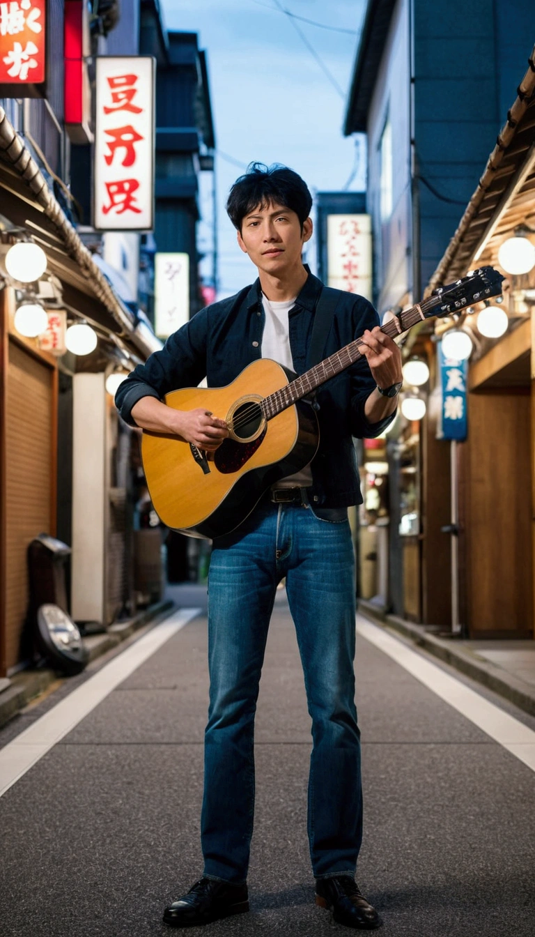 Realistic portrait in japan night streets, looking at the camera from the front, urban style, super detail masterpiece, pore detail :1.2, shot with sony a7 mark 4, korean man 30 years old, thin man, (portrait: 0.5), candid man posing, wearing white shirt and blue jeans, youthful look, (short black hair), shot with sony 18mm lens, wide view, photography techniques used: rule of thirds, centering and symmetry, foreground interest and depth, (frame to frame), (spatial rules), (shot from below), he is playing guitar.