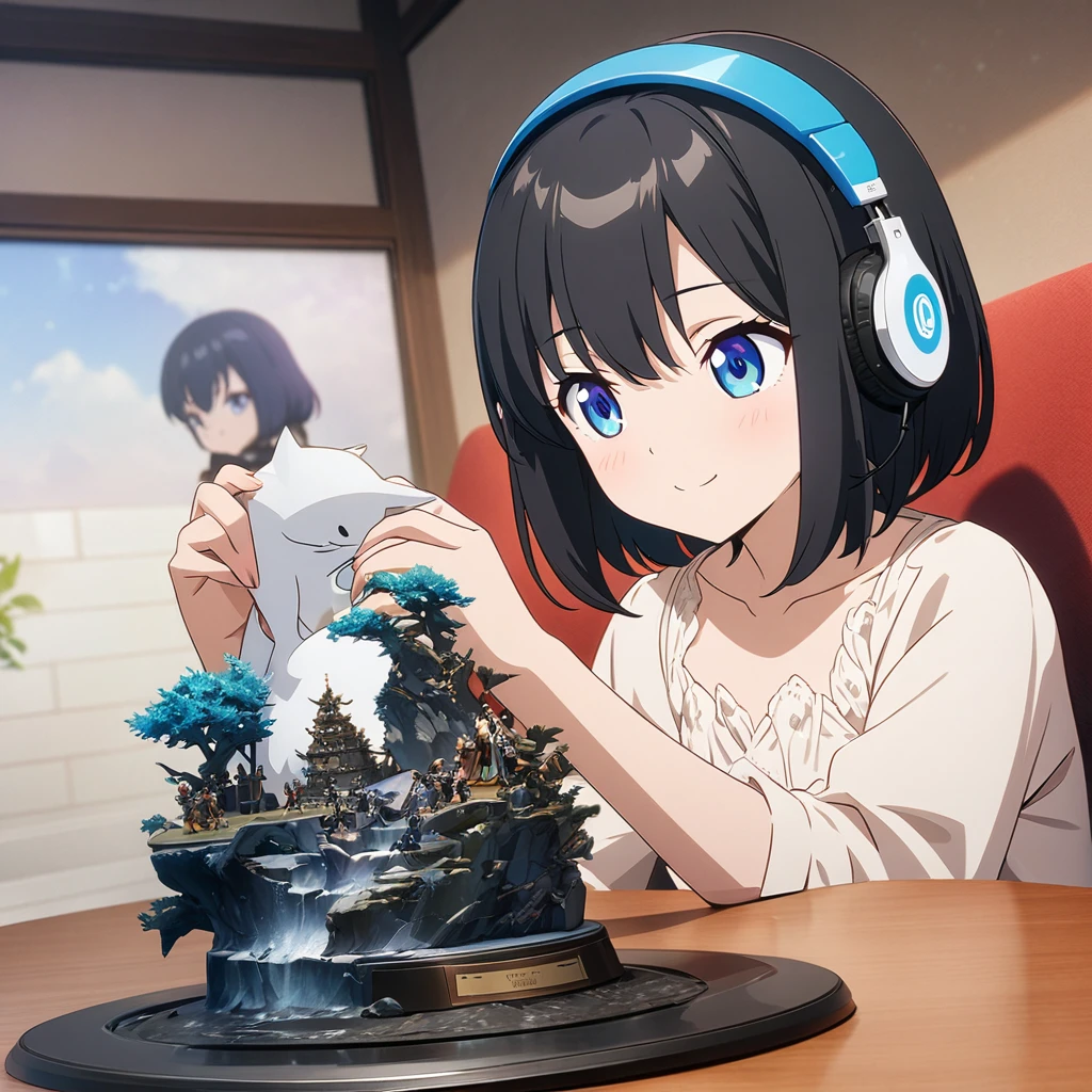 One girl, alone, She has a sweet smile and a flat chest., short hair, blue eyes, (detailed eyes), Black Hair, Upper Body, ((masterpiece, figure, Highest quality)) ((Highest quality)), ((masterpiece)), (detailed), Beautiful girl sitting on a sofa listening to music on headphones and looking outside,With white cat、4k anime wallpaper, Anime Art Wallpapers 8K, anime art wallpaper 4k, anime wallpaper 4k, anime wallpaper 4k, anime wallpaper 4k