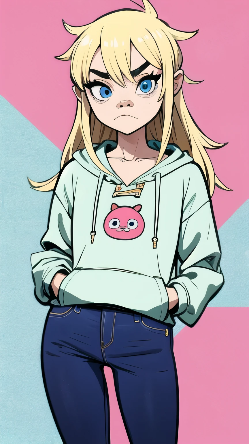 masterpiece, best quality, 1girl, solo, looking at viewer, blonde, long hair, blue eyeballs, cute, collarbone, oversize hoodie, bold lines, long jeans, sneaker