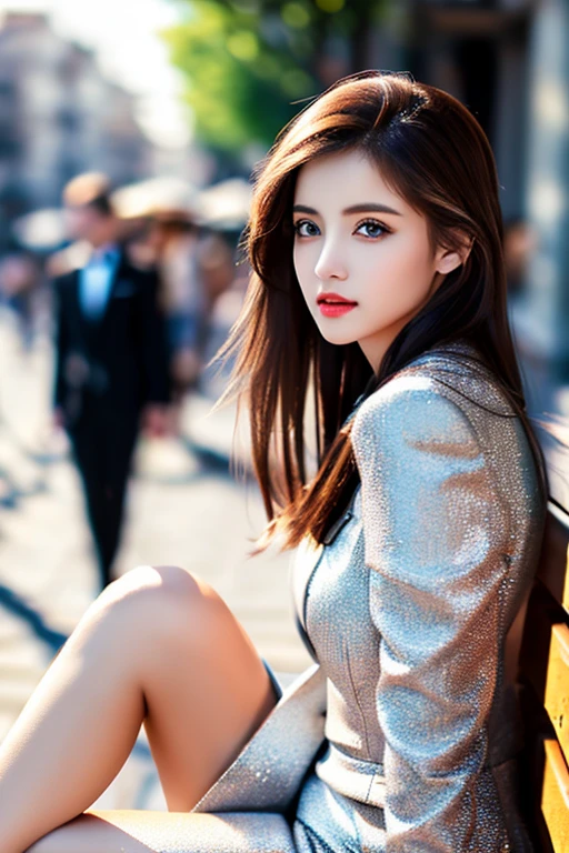 (realistic girl in a formal outfit, beautiful detailed eyes, beautiful detailed lips, extremely detailed face and features, perfect body proportions, a, crossed legs, sitting on a bench in an outdoor street setting, photorealistic, 8k, high quality, bokeh, SFW)