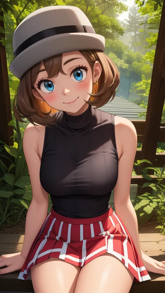 pkmnserena, 1 girl, Alone, blue eyes, by rubio, short hair, hits, has, gray hats, She sits cross-legged in her black shirt., turtleneck, sleeveless, Red skirt, pleated skirt, black thighs,
smile,Closed mouth,cowboy shot,Session,
forest,exterior,
(incredibly detailed, beautiful detailed face, masterpiece, Best Quality) cinematic lighting, semi-distant view focused on her thighs