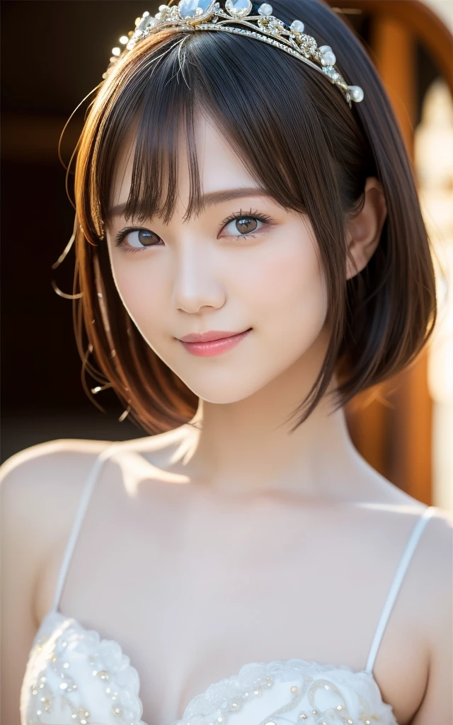 (Highest quality:1.5), (Realistic:1.5), (1 person:1.5), (medium wide shot:1.5), Very detailed, High resolution, 8k wallpaper, , Small breasts, Natural color lips, Cute Smile, Japanese women, 20-year-old girl, Beautiful and elegant face, Perfect and beautiful face, Big eyes, Brunette's eyes, Beautiful and elegant face, Perfect and beautiful double eyelids, Natural Bangs, Beautiful thin nose, Beautiful Skin, Chestnut Hair, Medium Bob Hair, Shortcuts, Natural Bangs, Perfect and beautiful face, Slim face and figure, (Looking into the camera), Bright lighting, Professional Lighting, Forward lighting, Natural smile, church, White Wedding Dress, tiara、Beautiful cleavage、