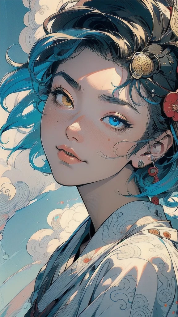 (((masterpiece, highest quality))),,(((solo:1.2))),(((1girl:1.2))),32k wallpaper, very detailed, poster, vintage science fiction,(((((portfolio))))),(((((Close-up))))),(((((bust up))))),((((more various angle)))),((((highlight)))),((((heterochromia)))),(((complete. detailed face))),(((detailed unlimited complete equipment : rail gun))),(((((Absolutely Realistic Clouds background))))),(((Texture for people : halftone))),((Open your mouth wide)),((((((Wind God and Thunder God)))))),(((Ukiyo-e))),
