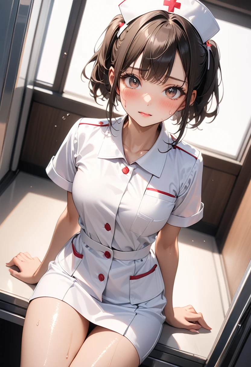 (((nurse uniform, skirt))), ((Shiny Costumes)), skindentation, skinny, solo, 1 woman, Masterpiece, highest quality, highest quality, 16K, incredibly absurd, highly detailed, 2.5D, ai-generated, delicate and dynamic, very delicate facial expressions, delicate eye depiction, erotic, only sexy woman, ((A cute and kind face)), healthy figure, ((25-year-old woman)), 160cm tall, medium firm swaying bust, , blush, Sweat,Embarrassed,sexy, ((thin thighs)), (camel toe:0.7), (visible nipples:0.3), (Erect nipples,:0.7), shiny and lustrous, facing straight at viewer, (((in heat))), ((Oily_skin)), ((Lots of sweat)), (((Brown Skin))), ((dutch angle)), ((erotic pose)), (((Collapsed from heat stroke))),