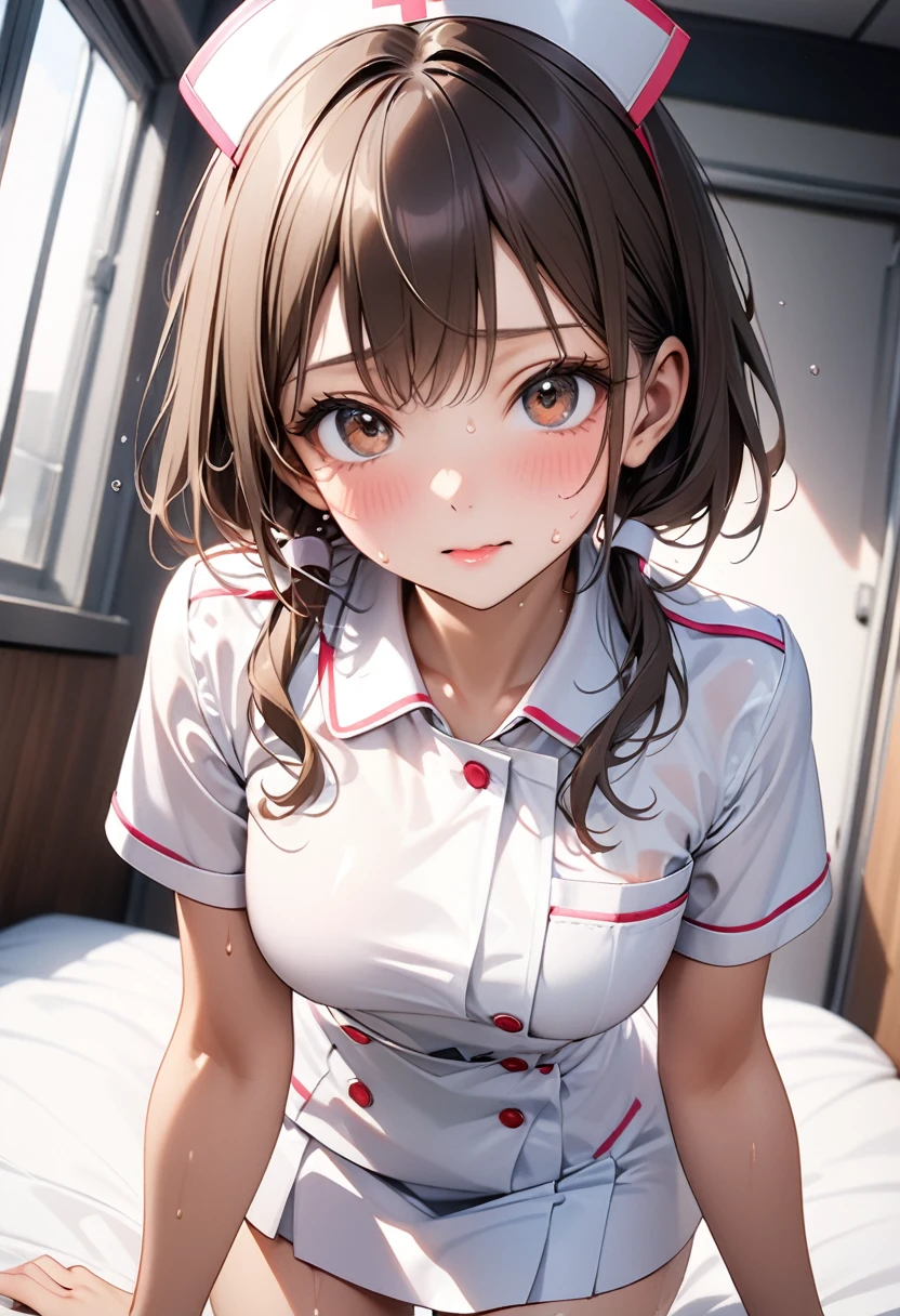 (((nurse uniform, skirt))), ((Shiny Costumes)), skindentation, skinny, solo, 1 woman, Masterpiece, highest quality, highest quality, 16K, incredibly absurd, highly detailed, 2.5D, ai-generated, delicate and dynamic, very delicate facial expressions, delicate eye depiction, erotic, only sexy woman, ((A cute and kind face)), healthy figure, ((25-year-old woman)), 160cm tall, medium firm swaying bust, , blush, Sweat,Embarrassed,sexy, ((thin thighs)), (camel toe:0.7), (visible nipples:0.3), (Erect nipples,:0.7), shiny and lustrous, facing straight at viewer, (((in heat))), ((Oily_skin)), ((Lots of sweat)), (((Brown Skin))), ((dutch angle)), ((erotic pose)), (((Collapsed from heat stroke))),