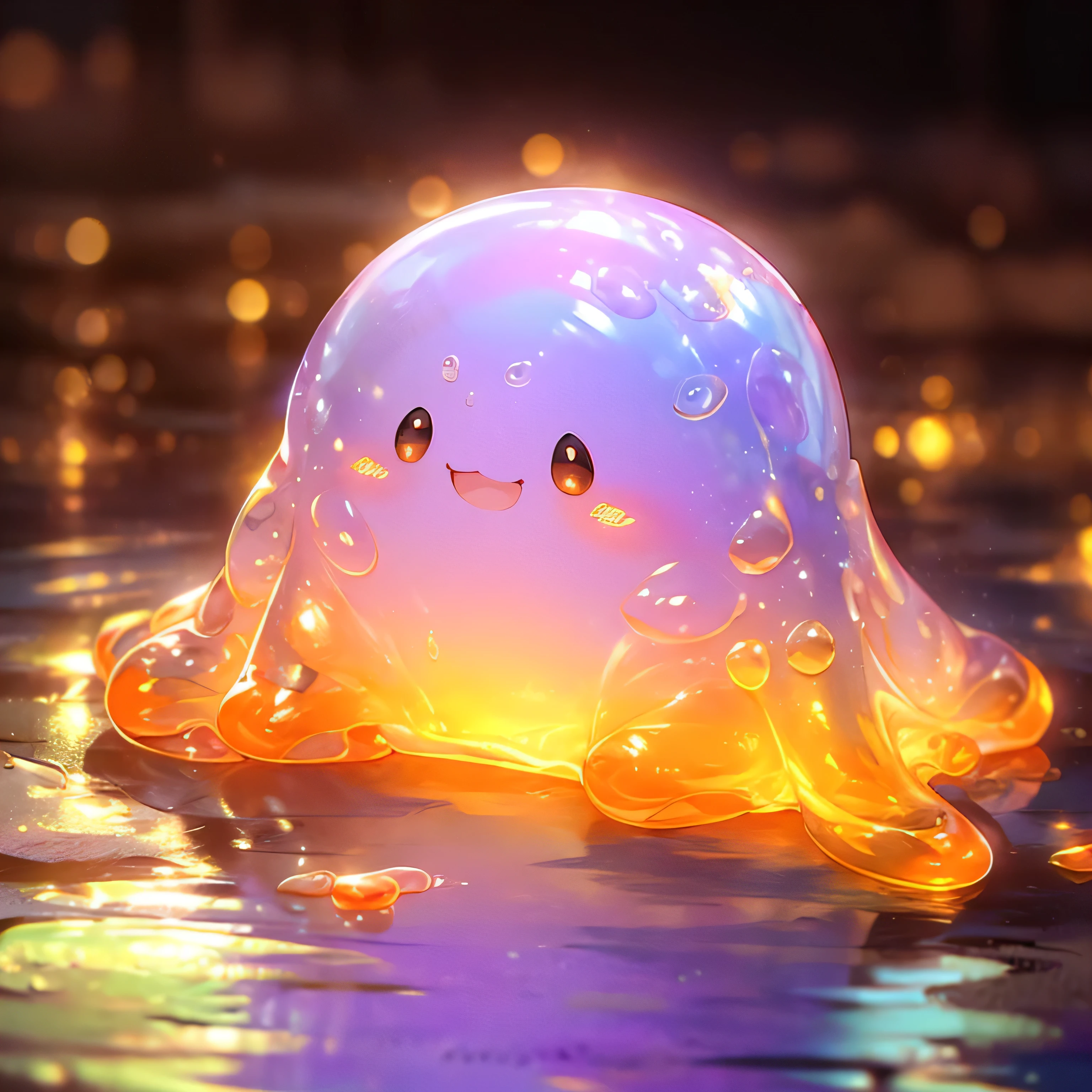 A shiny orange and purple slime, cute face,vibrant and translucent texture, slime stretching and squishing, detailed, mesmerizing patterns and swirls, sparkling and reflecting yellow light, satisfying to touch and play with, high-res masterpiece, vivid colors, illuminated with soft studio lighting.