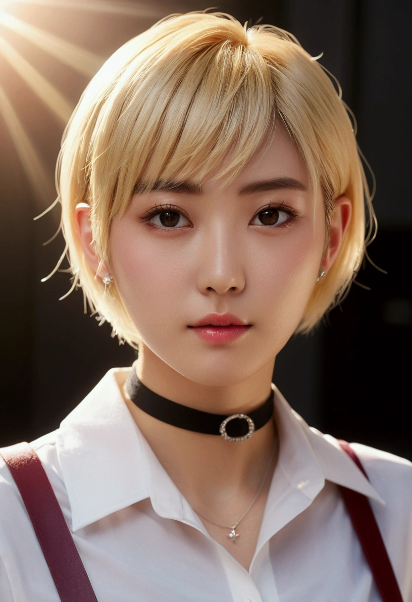 (Highest quality, High resolution, Realistic, to be born, 8k,masterpiece, ),(Audience friendly)、Shoot from the front、Highest quality, masterpiece8k.High resolution. High resolutionabsurdres:1.2,Lens flare, (Bright colors:1.2), (delicate), (Sensual)、Japanese、blonde、Pixie Cut、Black choker、office、uniform、OL