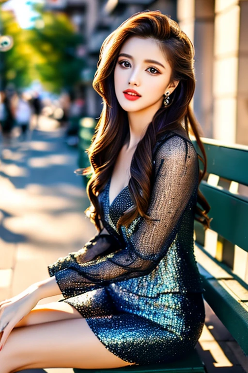 (gorgeous girl in a formal outfit, beautiful detailed eyes, beautiful detailed lips, extremely detailed face and features, perfect body proportions, masterpiece, crossed legs, sitting on a bench in an outdoor street setting, photorealistic, 8k, high quality, bokeh, SFW)