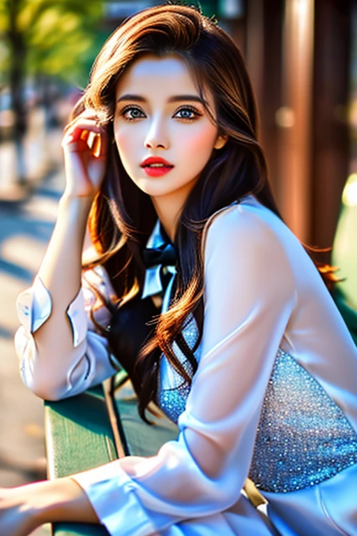 (gorgeous girl in a formal outfit, beautiful detailed eyes, beautiful detailed lips, extremely detailed face and features, perfect body proportions, masterpiece, crossed legs, sitting on a bench in an outdoor street setting, photorealistic, 8k, high quality, bokeh, SFW)