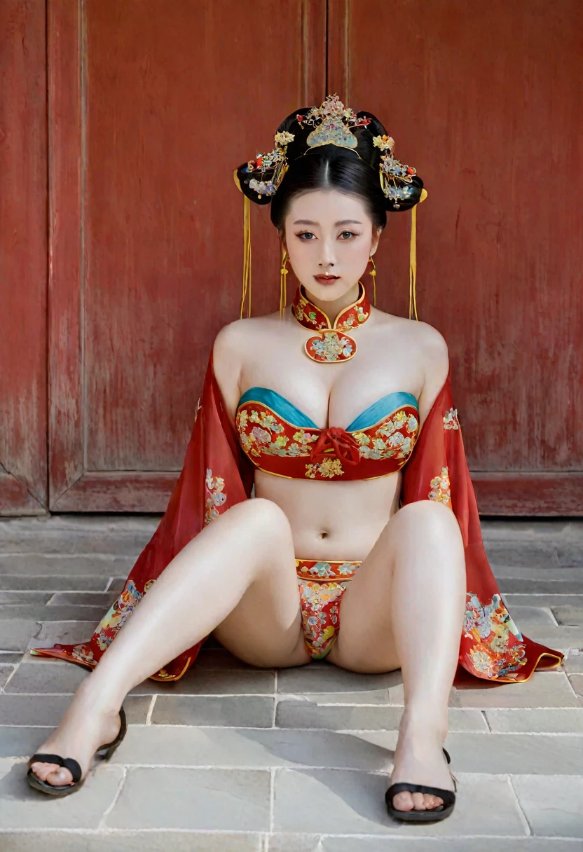 A naked empress of the Chinese imperial court during the Qing dynasty, posing in the palace, spreading one's legs open wide with knees bent, creating the shape of the letter M (pornographic pose). Her hair is tied up and pulled up with a gorgeous Chinese empress crown and ornament, and her profile is visible. The background is the stone pavement outside the Chinese palace during the Qing dynasty.