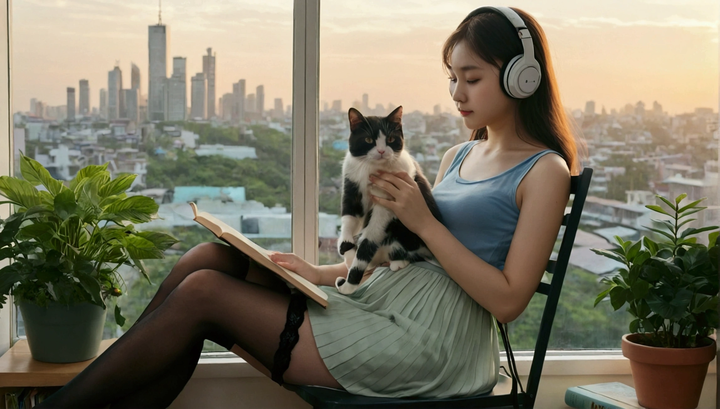 Portraiture、512、praise、A girl wearing headphones is sitting on a chair with a little cat、close your eyes、city view outside the window、evening、pastel colour、Reading books, Short skirt, Short stockings, Tank top, Clothing that exposes the midsection, Plants in the room