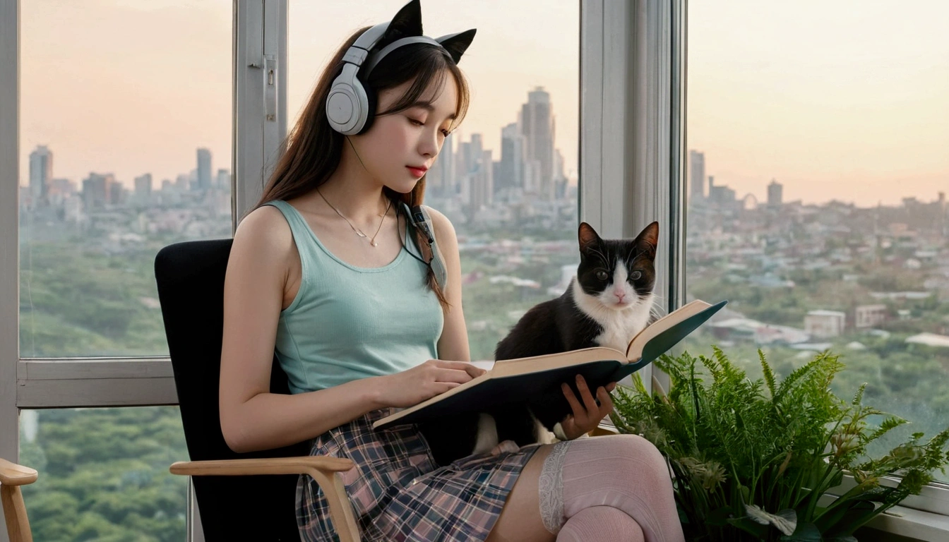 Portraiture、512、praise、A girl wearing headphones is sitting on a chair with a little cat、close your eyes、city view outside the window、evening、pastel colour、Reading books, Short skirt, Short stockings, Tank top, Clothing that exposes the midsection, Plants in the room