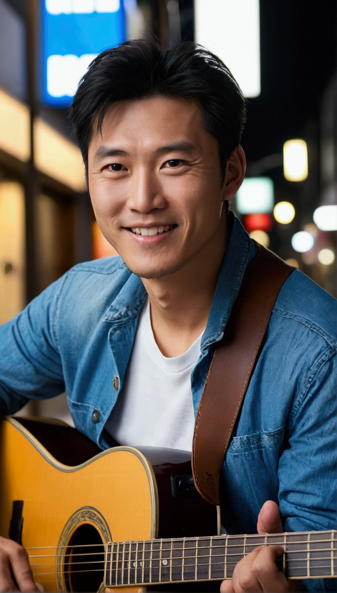 Realistic portrait in japan night streets, looking at the camera from the front, urban style, super detail masterpiece, 8k, pore detail :1.2, shot with sony a7 mark 4, handsome Chinese man 30 years old, ,smile, thin man, (portrait: 0.5), candid man posing, wearing white shirt and blue jeans, youthful look, (short black hair), shot with sony 18mm lens, wide view, photography techniques used: rule of thirds, centering and symmetry, foreground interest and depth, (frame to frame), (spatial rules), (shot from below), he is playing guitar.