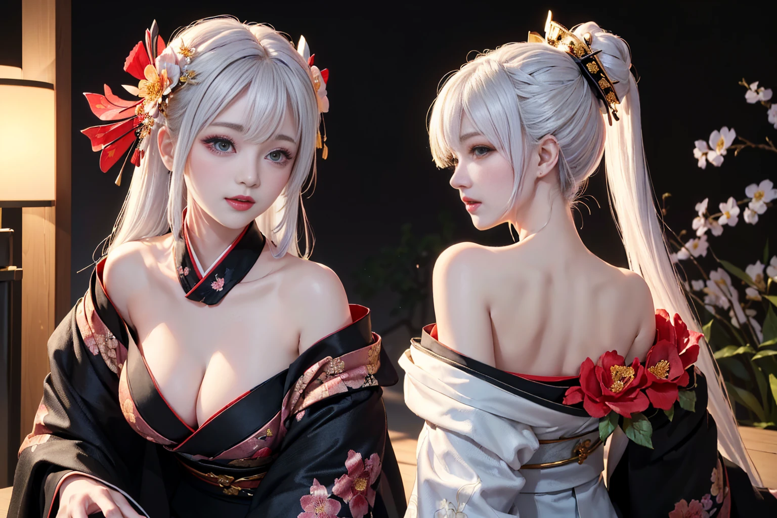 ((alone、Woman in floral kimono、A woman posing elegantly:1.4、Detailed face、bright表情、young, bright, Whiter skin、Best Looks、Ultimate beauty、White hair with shiny highlights、輝くbright髪,、Style your hair:1.2、Hair dancing in the wind))(Inside an old house in Japan、night、Indirect lighting creates a wonderful atmosphere)((Off-the-shoulder style、Expose your shoulders、Expose the neck、Exposing cleavage:1.2))The sleeves of the kimono are connected((Black kimono with floral pattern and red obi:1.3)