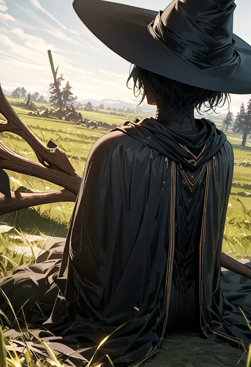 Wizard, black capes, black wizard hat, featureless, face obscured, wooden staff, sitting in field, peaceful battlefield, turned away, back to viewer, looking at the sunsetMasterpiece, Accurate, Best Quality, Detail, High Details, Super Detailed, 