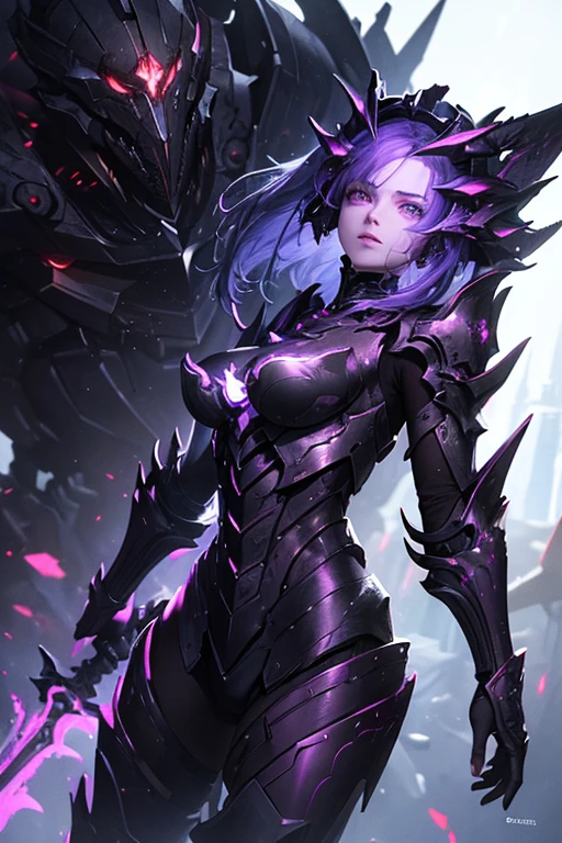 "Create an image of Dark Nexus Valentina (with model reference of blake lively actress) from Mobile Legends: Bang Bang. She should be portrayed in her futuristic attire featuring shades of deep purple and black with intricate, cyberpunk patterns. Her eyes should glow with an eerie light. Valentina should be surrounded by an aura of dark energy. The background should be futuristic with swirling shadows and dim, mysterious lights, highlighting her ominous and powerful presence." Stylish profile picture, 3d game character artstyle. The model should be in the centre of the picture.