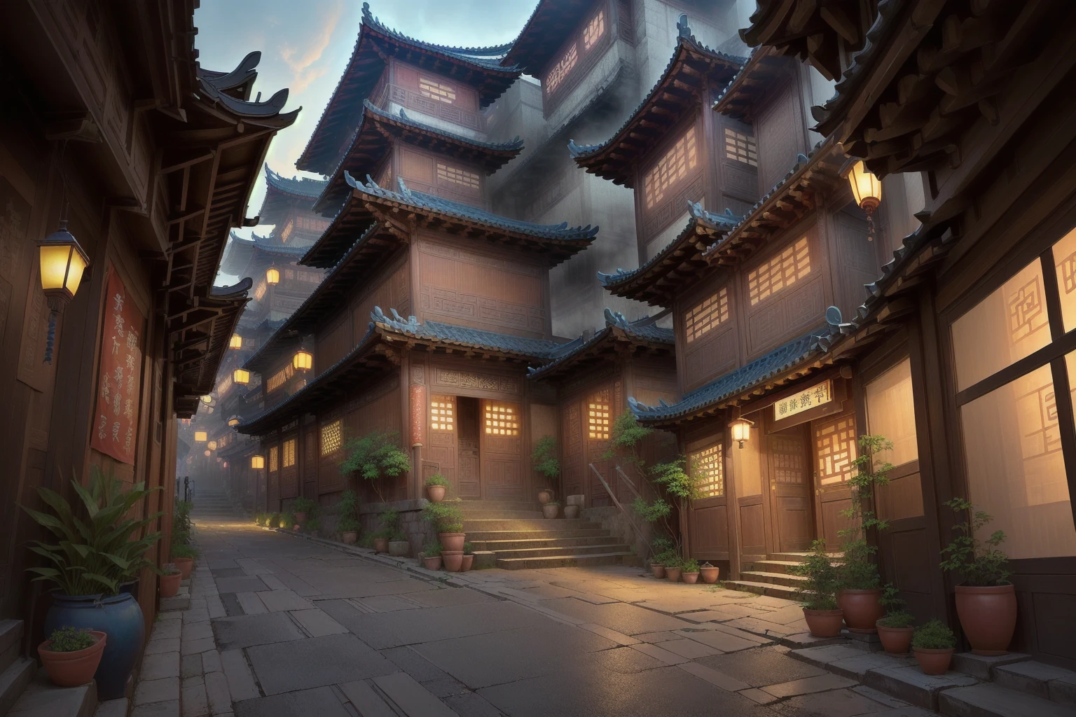 there is a narrow street，There are many buildings and plants, Dream China Town, china village, andreas rocha style, Cyberpunk ancient Chinese castle, Beautiful rendering of the Tang Dynasty, ancient city landscape, The ancient city streets behind her, author：Victor Wang, old asian village, Inspired by Zhang Sengyao, Pan Chengwei on artstation, In an ancient city , ((low angle shot 1.7)) ((Camera lens close to the ground to shoot 1.8))