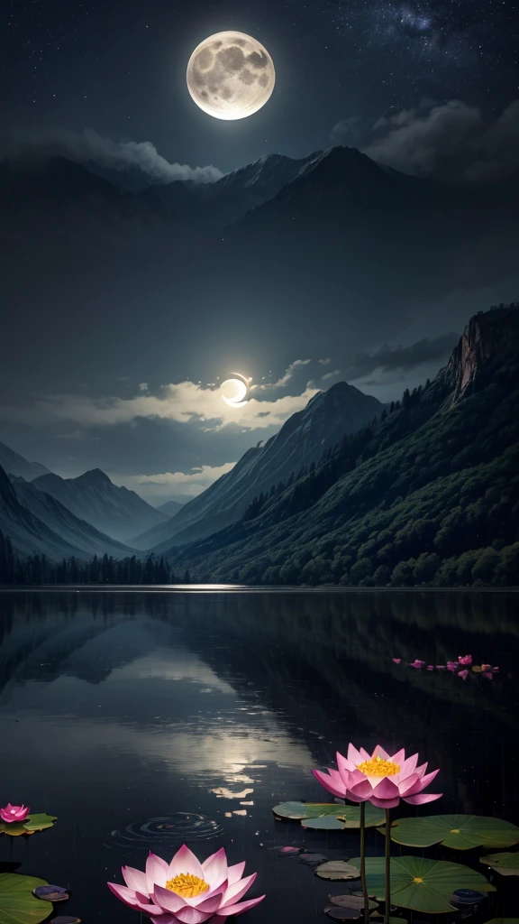 night, Only moonlight illuminates, Crescent Moon, Mountains in the distance, Beautiful big lotus nearby, Big red lotus, There is running water next to it, frog, A summer full of joy, Crescent Moon in the sky mixed with stars, Amazing wallpapers, Rainy night, Rainy Night, Pretty and beautiful, , High Detail ((Heavy rain))), 8K