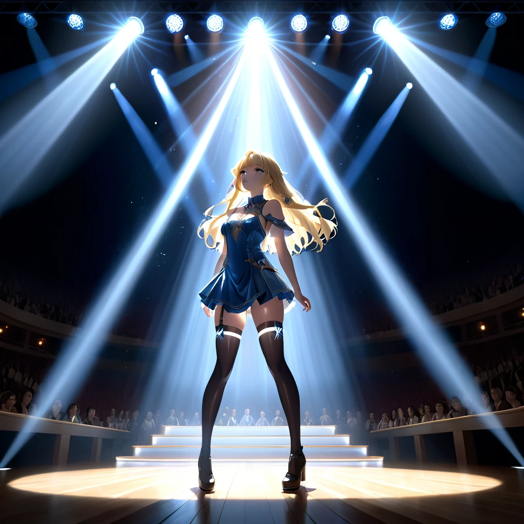 Tyndall Effect, aesthetic, extremely detailed, masterpiece, best quality, Tyndall effect, light beams, stage lights, 1girl, solo, long hair, thighhighs, on stage, looking up, light scattering, volumetric lighting, spotlights, rays, atmosphere, octane render, photorealistic, 8k
