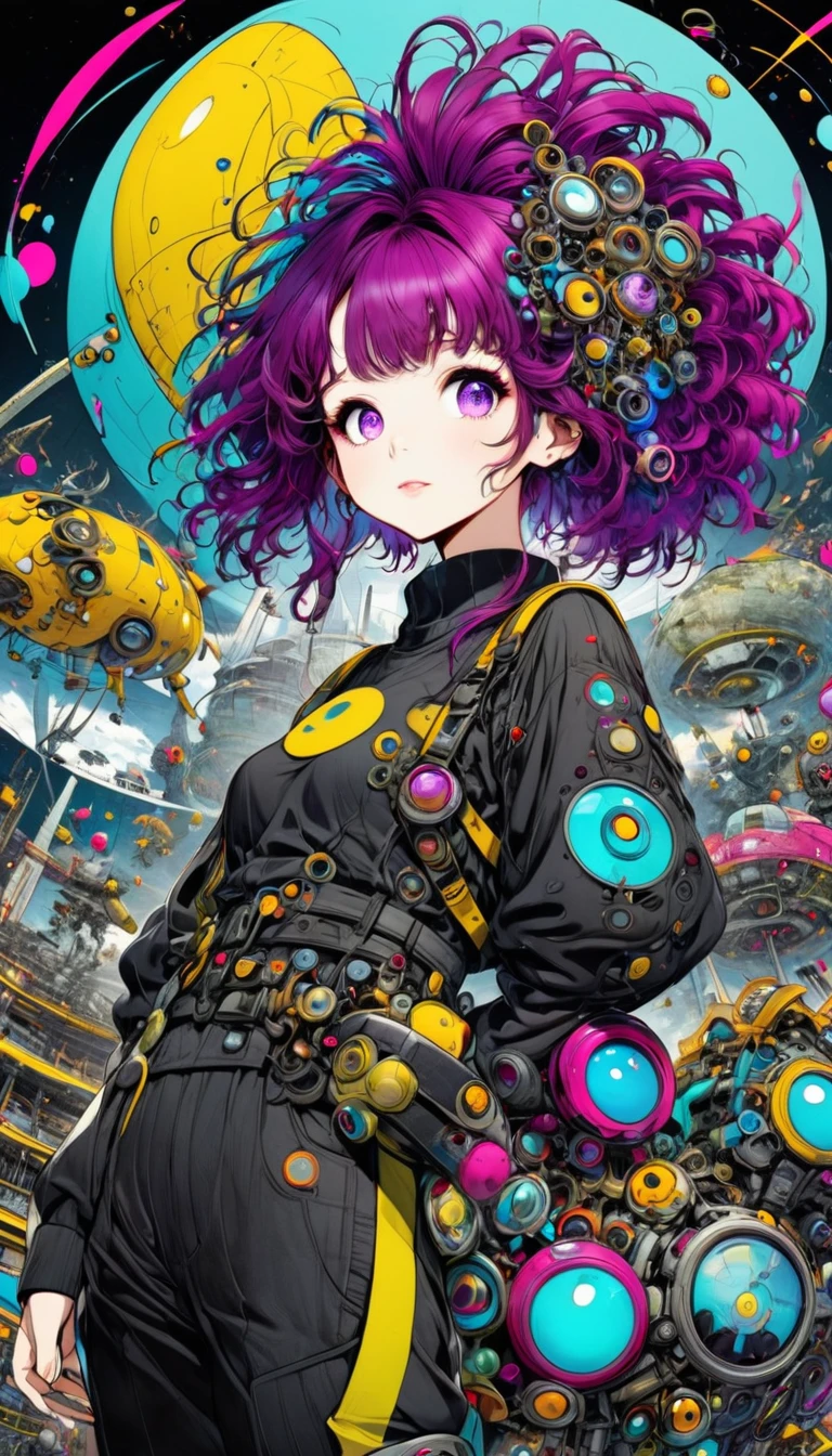 ((pay attention to the plan:1.5, General plan, all-body:1.5)), 1 beautiful girl in technical clothes, Mechanical spider, circles, fractals,(black outline art) by Yoshitaka Amano,Travis Charest. colors, land, Cyan, yellow, Unripe. magenta, violet, Cyan, High definition, image hypersharpness,(best qualityer:1.3, 32 mil,High definition:1.3, 4x ,ultra sharp, high resolution, proffesional) ,cinematographic, Fisheye photography:1.6,
