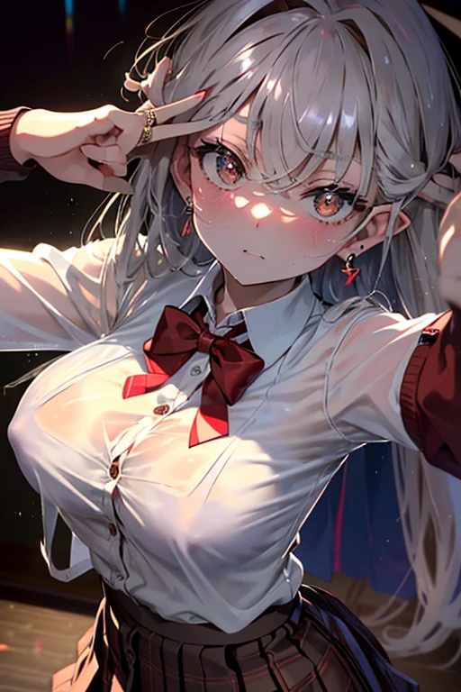 beautiful girl, Look up, (Take a selfie:1.3), From above, (Elf Ears), (Beautifully detailed eyes), (Wink, Close one eye), break, (peace sign, Put your hand to your mouth), (Deep Skin, Dark Skin), Grey long hair, break, (JK gal:1.3), (School uniforms:1.2), (The brown cardigan fits perfectly:1.4), ((Fasten the button, Not loose):1.5), ((Long sleeve, Sleeves are longer than the wrist):1.2), (White collared shirt as inner:1.3), (Red checkered ribbon:1.3), (Red checkered pleated skirt:1.3), ((Dark brown pantyhose, loafers):1.2), break, (peace sign, Put your hand to your mouth:1.3), (Five Fingers, Four fingers and a thumb), Huge_chest, wide_Waist, Thick thighs, classroom, machine, Chair, Professional Lighting, Highest quality, masterpiece, Super detailed, It captures a very cute moment, Depth of written boundary, Ultra-high resolution, The finer details, 16k wallpaper、hyper realism, a girl lying on tatami, on her back, perfect anatomy, from above, looking at the viewer, emphasizing her upper body, brown long hair, golden eyes, moist eyes, sweating, oily skin, shiny skin, so line, steaming body, wearing the white micro-bikini(see-through), large breasts, large areolas, navel