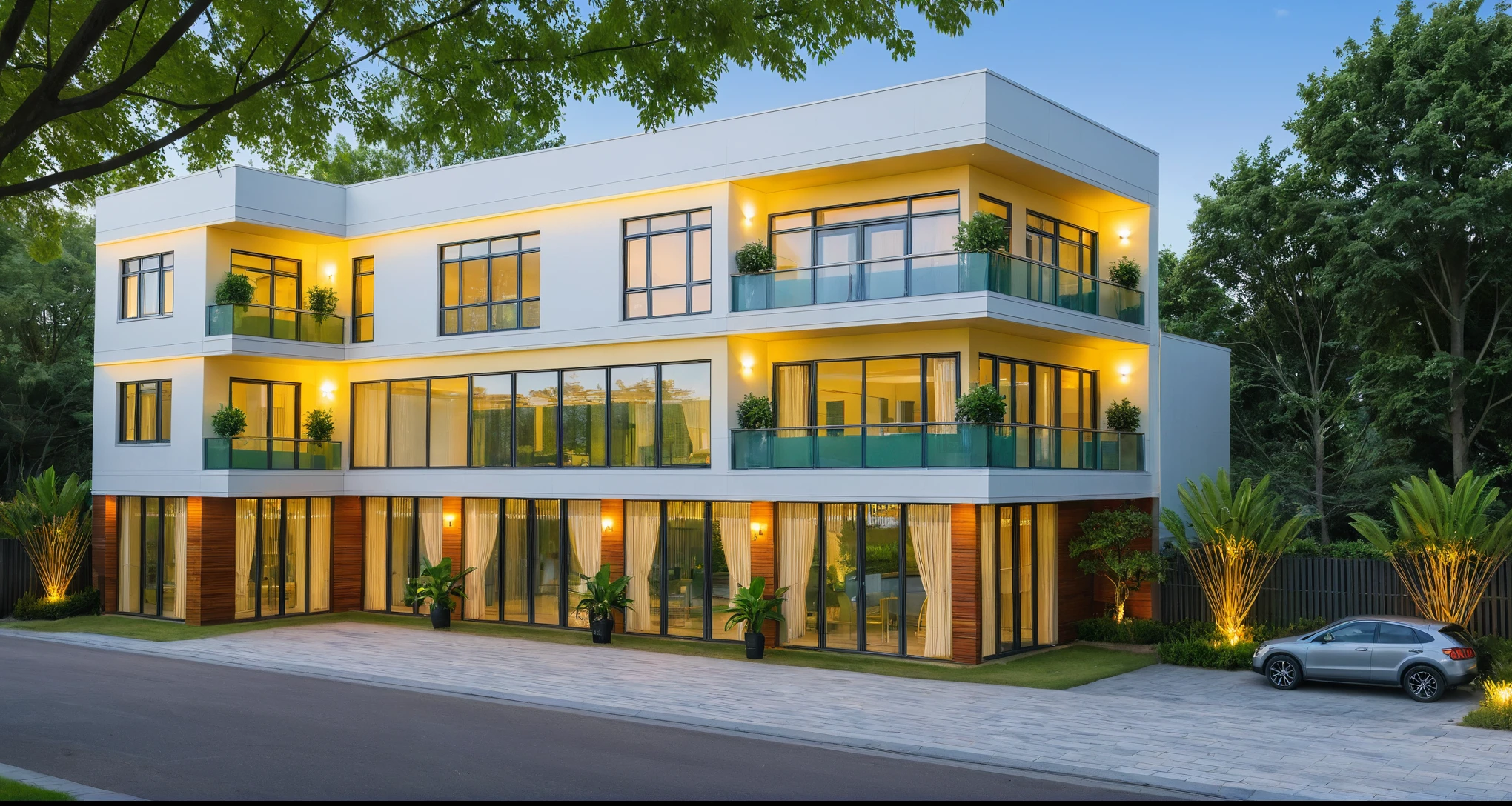 Une villa moderne située dans une rue, se prélasser à la lumière du jour. Autour de la villa se trouvent des arbres tropicaux luxuriants, arbustes verts, et des plantes qui ajoutent une touche vibrante de nature. Les couleurs vives de la végétation créent un contraste saisissant avec l&#39;ambiance brumeuse et maussade de la rue.. La villa dispose de grandes fenêtres et portes en verre, construit avec de la haute qualité, verre ultra réaliste qui reflète magnifiquement l&#39;environnement. La structure est en béton massif avec un design minimaliste, principalement dans les tons gris foncé. L&#39;intérieur brille d&#39;un éclairage chaleureux, créer une atmosphère accueillante. La villa présente des matériaux modernes et des finitions de la meilleure qualité, résultant en un véritable chef-d&#39;œuvre de l&#39;architecture contemporaine. La scène est enrichie de paysages de rue qui se fondent parfaitement dans le design de la villa., améliorer l&#39;esthétique globale.
