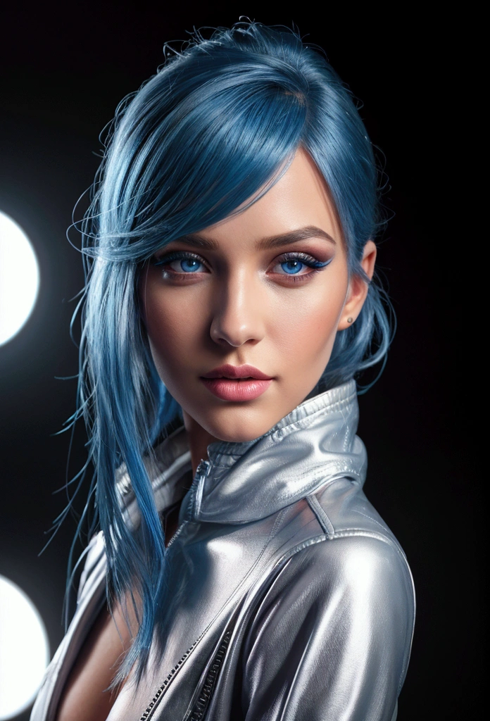 a beautiful young woman, 1.75m tall, with blue dyed hair, full body shot, standing in a TV studio set, silver jacket, nude, erotic pose, explicit expression, athletic physique, (best quality,4k,8k,highres,masterpiece:1.2),ultra-detailed,(realistic,photorealistic,photo-realistic:1.37),intricate details,cinematic lighting,dramatic shadows,vibrant colors,highly detailed face, beautiful detailed eyes, beautiful detailed lips, extremely detailed eyes and face, long eyelashes, studio photography