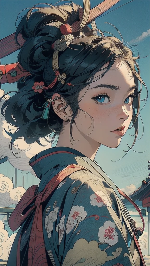 (((masterpiece, highest quality))),,(((solo:1.2))),(((1girl:1.2))),32k wallpaper, very detailed, poster, vintage science fiction,(((((portfolio))))),(((((Close-up))))),(((((bust up))))),((((more various angle)))),((((highlight)))),((((heterochromia)))),(((complete. detailed face))),(((detailed unlimited complete equipment : rail gun))),(((((Absolutely Realistic Clouds background))))),(((Texture for people : halftone))),((Open your mouth wide)),(((Wind God and Thunder God))),(((Ukiyo-e))),
