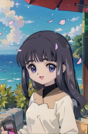 a up Tomoyo Daidouji from Tsubusa Reservoir (masterpiece), BREAK 1woman, skimpy translucent wet summer dress, raining, wavy hair, floating hair, smile, standing, open mouth, light particles, black hair, deep violet eyes, looking at viewer, face focus, BREAK, scenery, beach, ocean in the orizon, petals, light particles, BREAK cowboy shot
