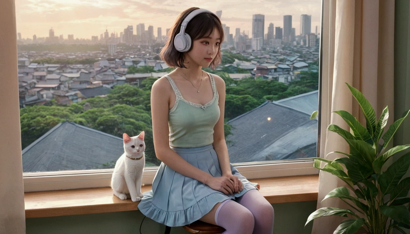 Portraiture、512、praise、A girl wearing headphones is sitting on a chair with a little cat、anime、city view outside the window、evening、pastel colour、Reading books, Short skirt, Short stockings, Tank top, Clothing that exposes the midsection, Plants in the room