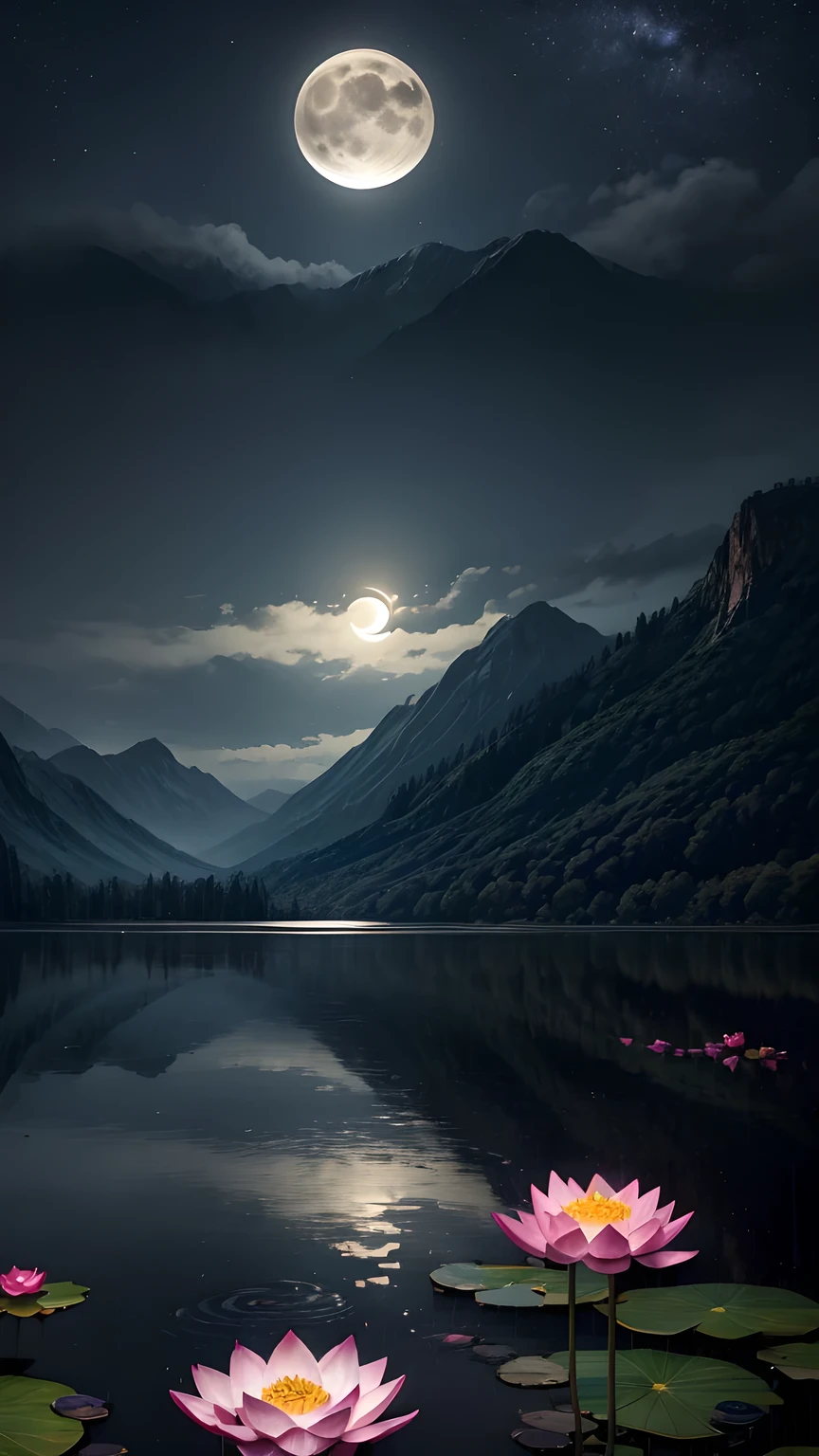 night, Only moonlight illuminates, Crescent Moon, Mountains in the distance, Beautiful big lotus nearby, Big red lotus, There is running water next to it, frog, A summer full of joy, Crescent Moon in the sky mixed with stars, Amazing wallpapers, Rainy night, Rainy Night, Pretty and beautiful, , High Detail ((Heavy rain))), 8K