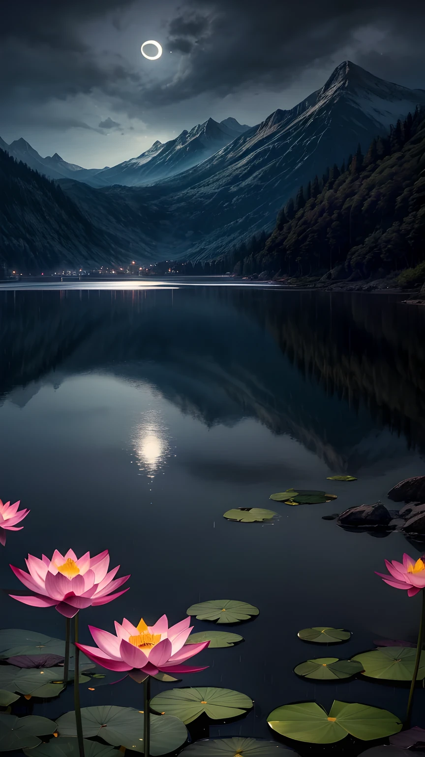 night, Only moonlight illuminates, Crescent Moon, Mountains in the distance, Beautiful big lotus nearby, Big red lotus, There is running water next to it, frog, A summer full of joy, Crescent Moon in the sky mixed with stars, Amazing wallpapers, Rainy night, Rainy Night, Pretty and beautiful, , High Detail ((Heavy rain))), 8K