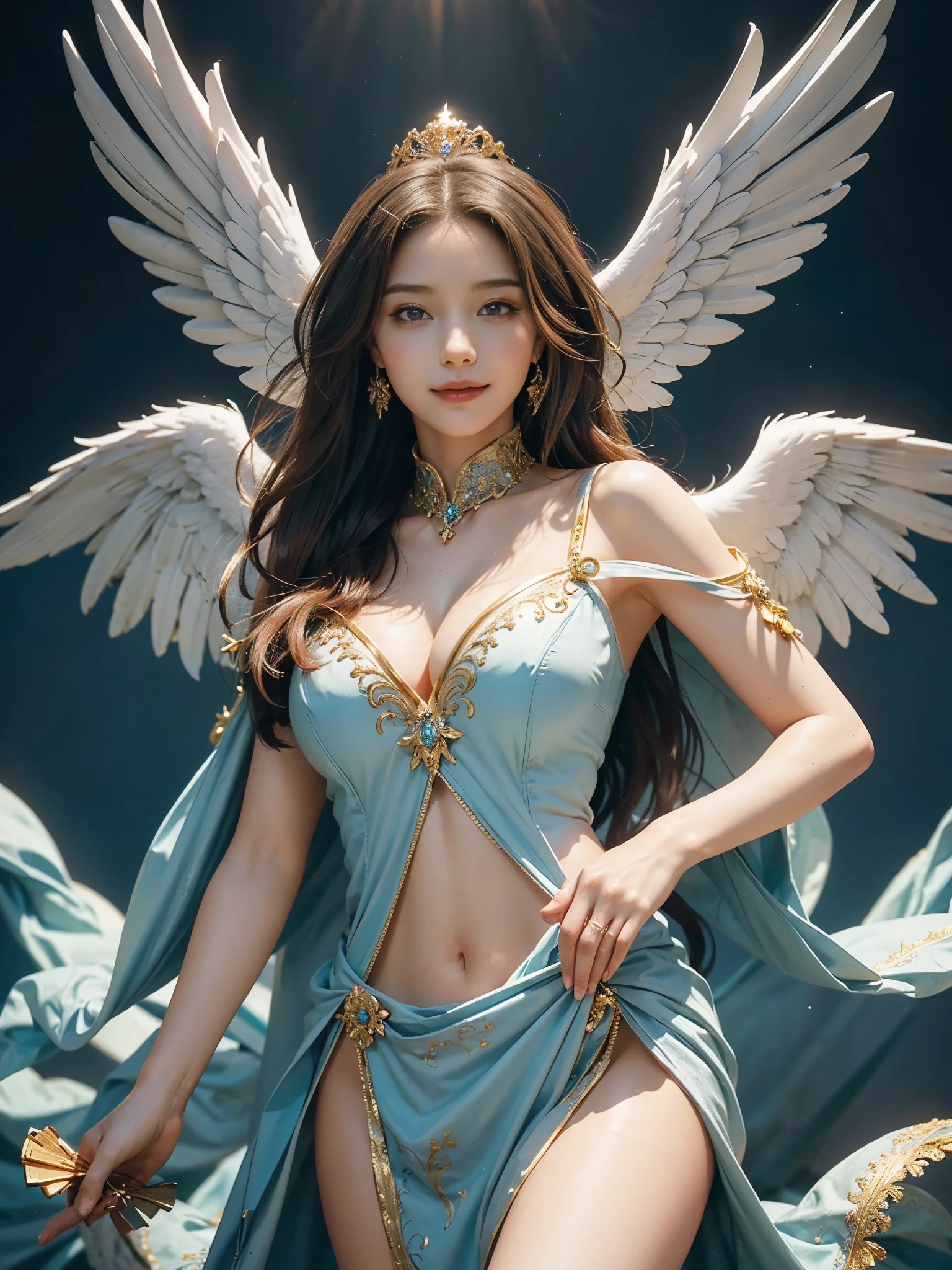 ((Very beautiful angel queen,The final form as a perfect angel, the masterpiece of an angel,Huge and intricate angel wings,The most dignified wings,Golden light,shining background,The most opulent and holy temple background,White and gold temple background,King of Angels,The most dignified angel,Intricate and solemn dresses,Light blue and gold embellishment dress on white,Light blue and gold dress on white base,Complex and majestic angel figure,The most majestic figure of the devil,The most intricately depicted figure of an angel,The World's Most Beautiful,Unimaginable beauties,divine atmosphere,The most intricate and beautiful dresses,Intricate reproduction of the perfect angelic detail,The figure of an unimaginably gorgeous angel,The figure of an unimaginably huge angel)), (((Tyndall effect;1.45))), ((Most beautiful face,Half Japan and half Spanish,The biggest happy smile,Beautiful wavy hair,Black and red hair,The most luxurious and intricate dresses,The biggest smile looking at the camera)),(Elegant standing figure,Fold your hands in front of your navel,)),Chest that seems to burst,Giant wings of angels,The background is the appearance of a perfect angel castle,Masterpiece,8K,very intricate,ultra-detailliert, nsfw