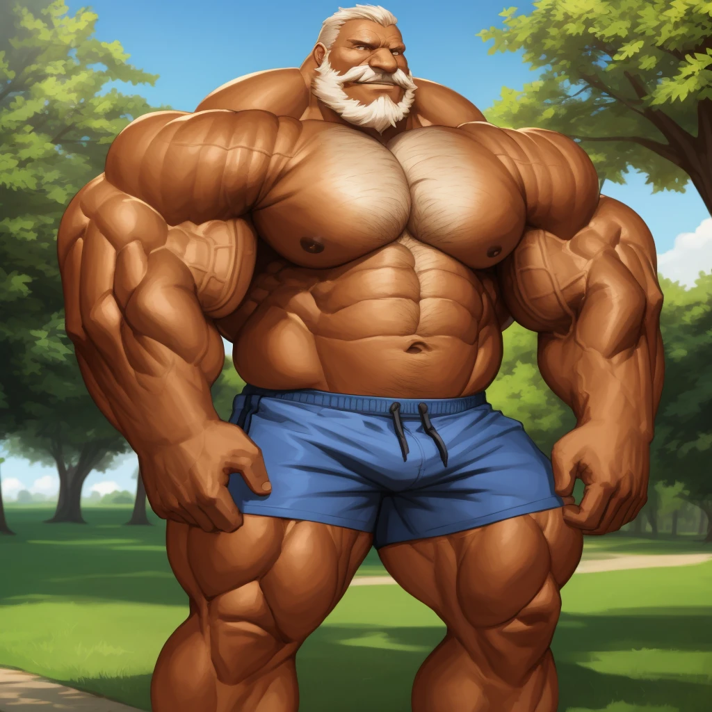 1boy, 1man, solo. Park, extremely huge muscular, massive muscular, full-body , (topless, shirtless, shorts), well-muscled old man. ((extremely muscle size, super thick arms, huge pec, extremely wide pectoral , huge arms)), wide smiling. Add textures and details to make the image more realistic, such as the appearance of the. Make sure the resulting image is high resolution, 8K quality