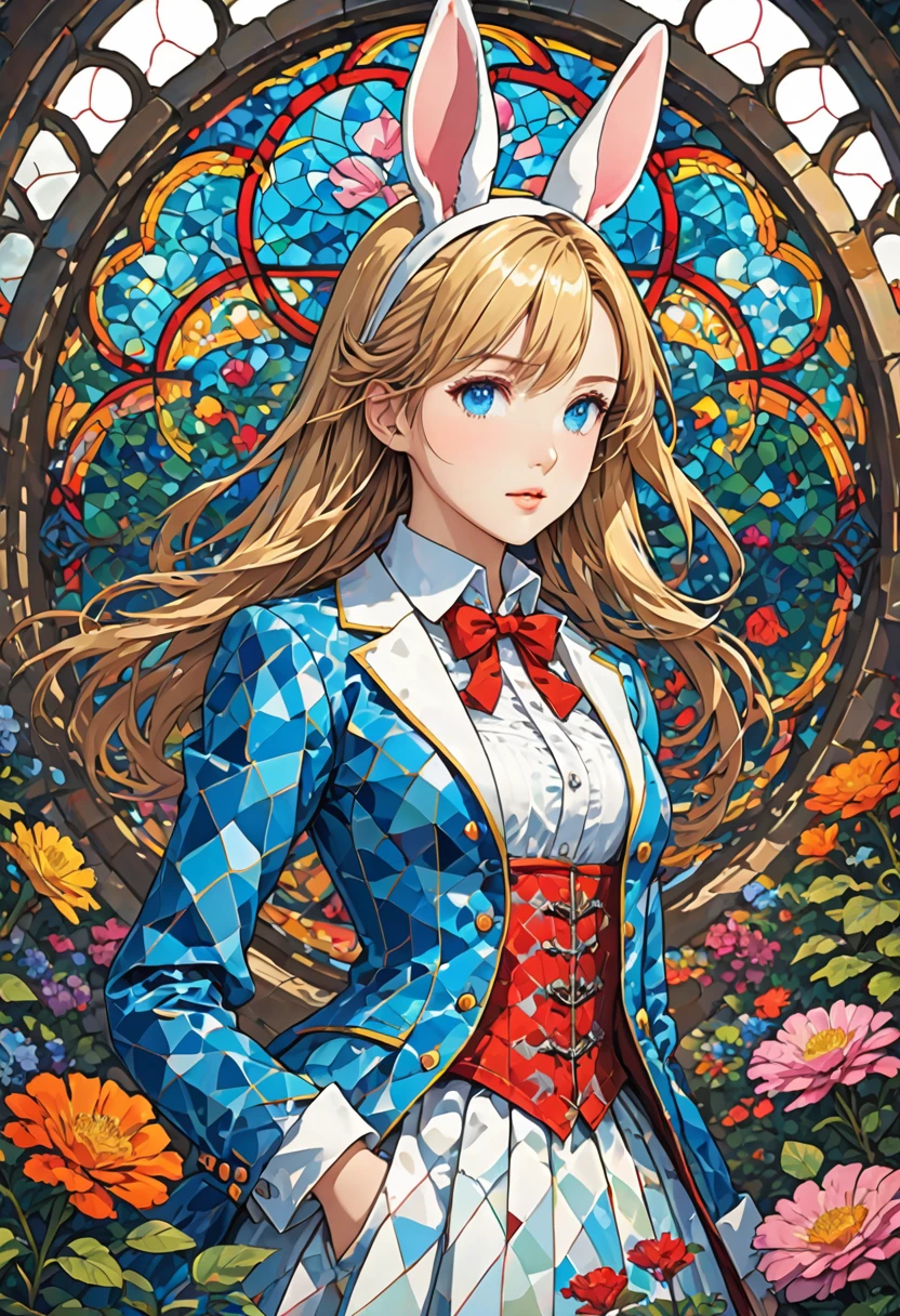 novel illustration, cover page, highres, top quality, best quality, paid reward available, unparalleled masterpiece, perfect artwork, absurdres, High-quality illustrations, super high resolution, detailed background, perfect anatomy, medieval times, mystical, Alice in Wonderland, 1girl, Rabbit in a suit, Sil Off from Isometric Anime, stained glass, On White Background, Geometric composition,