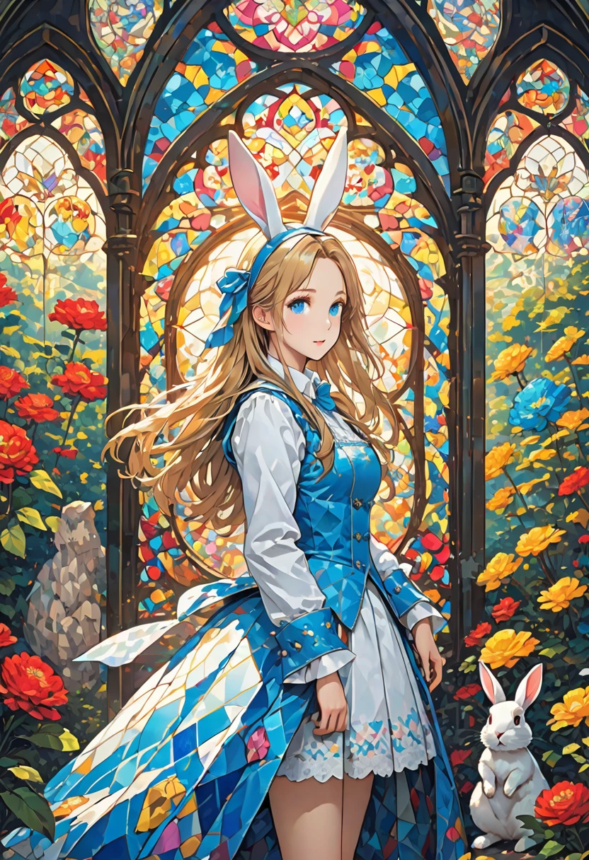novel illustration, cover page, highres, top quality, best quality, paid reward available, unparalleled masterpiece, perfect artwork, absurdres, High-quality illustrations, super high resolution, detailed background, perfect anatomy, medieval times, mystical, Alice in Wonderland, 1girl, Rabbit in a suit, Sil Off from Isometric Anime, stained glass, On White Background, Geometric composition,