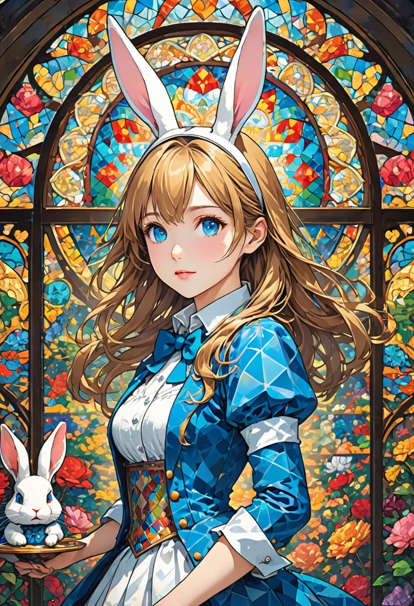 novel illustration, cover page, highres, top quality, best quality, paid reward available, unparalleled masterpiece, perfect artwork, absurdres, High-quality illustrations, super high resolution, detailed background, perfect anatomy, medieval times, mystical, Alice in Wonderland, 1girl, Rabbit in a suit, Sil Off from Isometric Anime, stained glass, On White Background, Geometric composition,