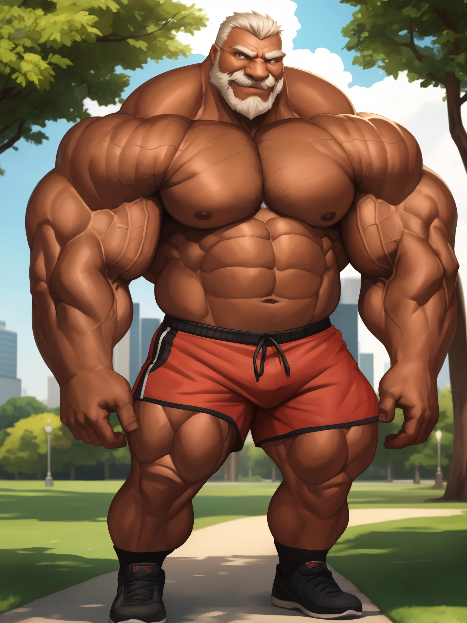 1boy, 1man, solo. Park, extremely huge muscular, massive muscular, full-body , (topless, shirtless, shorts), well-muscled old man. ((extremely muscle size, super thick arms, huge pec, extremely wide pectoral , huge arms)), wide smiling. Add textures and details to make the image more realistic, such as the appearance of the. Make sure the resulting image is high resolution, 8K quality