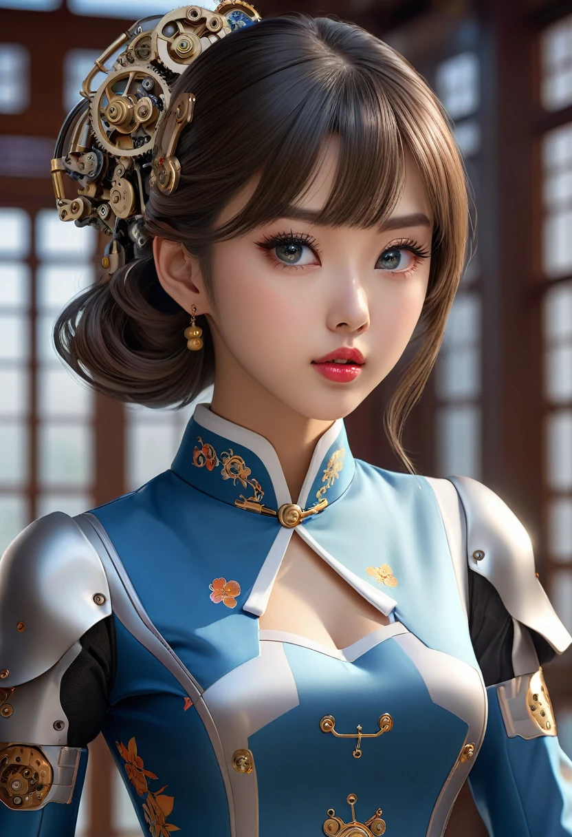 A beautiful girl with a mechanical body, wearing a Japanese school uniform, a bodysuit, a qipao dress, high heels, and gloves, (best quality,4k,8k,highres,masterpiece:1.2),ultra-detailed,(realistic,photorealistic,photo-realistic:1.37),beautiful detailed eyes,beautiful detailed lips,extremely detailed eyes and face,longeyelashes,intricate detailed mechanical body, elegant pose, cinematic lighting, vibrant colors, digital art, concept art