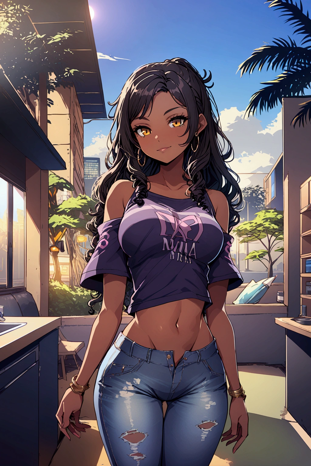 sexy woman, very beautiful, perfect, with dark skin and perfect hands, with curly hair and very round buttocks wearing a white t-shirt and jeans.