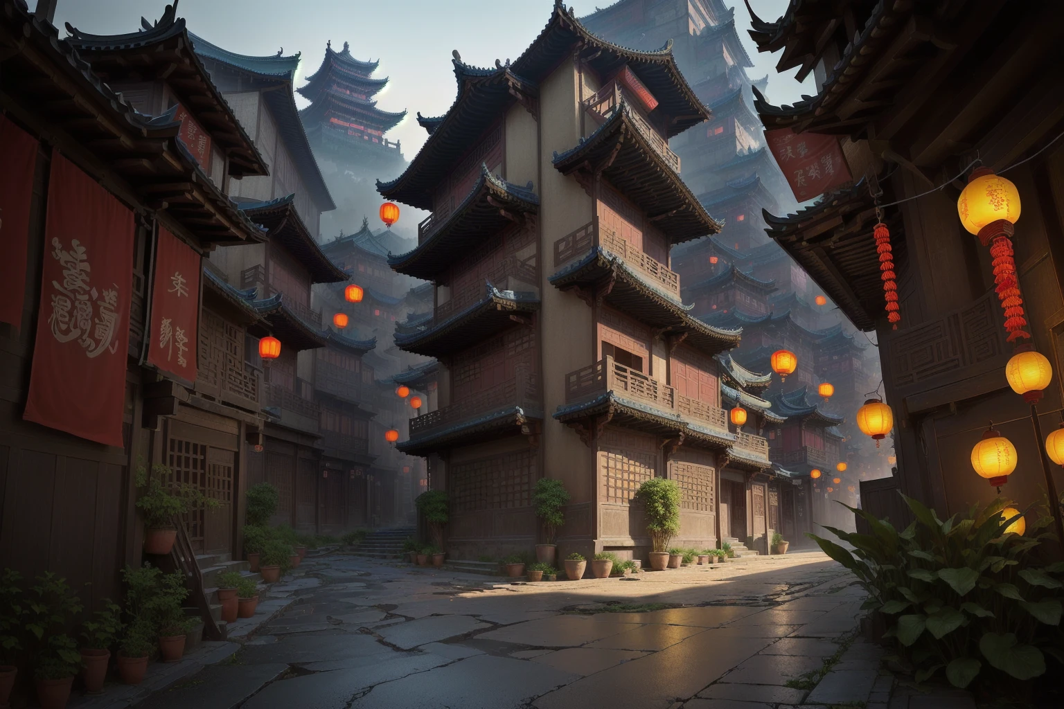 there is a narrow street,There are many buildings and plants, Dream China Town, china village, andreas rocha style, Cyberpunk ancient Chinese castle, Beautiful rendering of the Tang Dynasty, ancient city landscape, The ancient city streets behind her, author:Victor Wang, old asian village, Inspired by Zhang Sengyao, Pan Chengwei on artstation, In an ancient city , ((low angle shot 1.7)) ((Camera lens close to the ground to shoot 1.8))