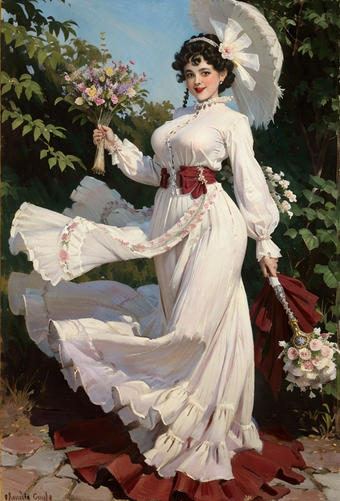 Betty Boop as a gorgeous stylish yo brunette teenage Gibson Girl wearing her bridal gown. Year 1906. Edwardian high-neck long sleeve dress. Ornate wide-brimmed veiled picture hat with a large front topped with flowers, ribbons and feathers. Gloves in both hands. Sash tied around her waist. Floor-length skirt. Boots. 40-20-40 hourglass figure. Large bosom. 9-incb wasp waist. Bubble butt. Big blue eyes. Pouty red lips curled into a coquettish smile. Split curl hairstyle. Full body