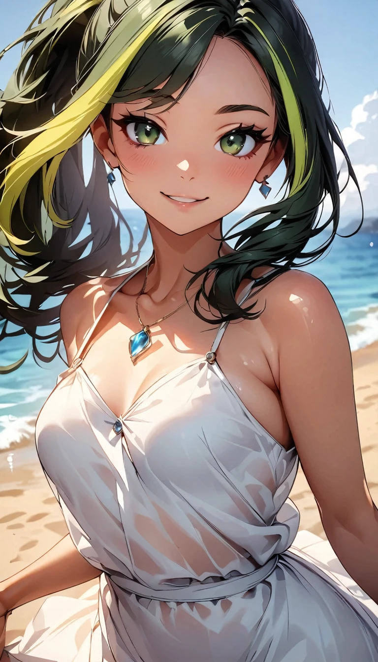 (highest quality:1.2, Very detailed, up to date, Vibrant, Ultra-high resolution, High Contrast, masterpiece:1.2, highest quality, Best aesthetics), Portraiture、girl、((25 years old:1.5)), (slim:1), ((25 years old:1.3)), (summer dressi:1.3) , (Monaco Beach:1), long hair, ponytail, white and yellow green ((streaked hair:1.6)), highlights hair: 1.5, (small breast,:1) (tan skin:1.1),(jumping:1.5), smile, sunshine, Bright colors、Beautiful fine details、Beautiful lip detail、facing viewer, (full body), look at viewer