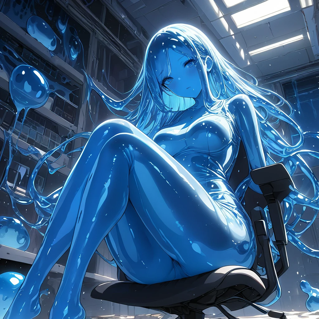 Masterpiece, Very detailed, Ultra-detailed, one beautiful blue slime woman, Masterpiece, Very detailed, Ultra-detailed, she is sitting on a office chair in an abandoned lab