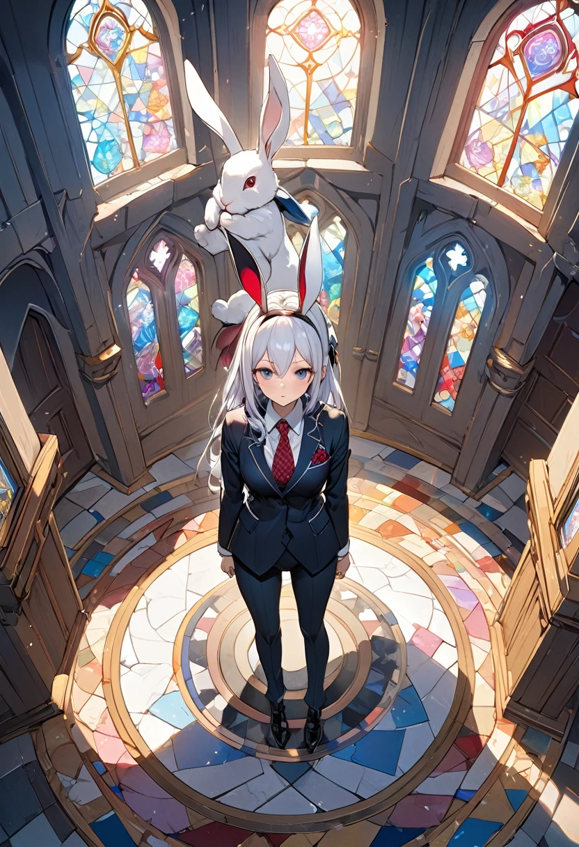 novel illustration, cover page, highres, top quality, best quality, paid reward available, unparalleled masterpiece, perfect artwork, absurdres, High-quality illustrations, super high resolution, detailed background, perfect anatomy, medieval times, mystical, Alice in Wonderland, 1girl, Rabbit in a suit, Sil Off from Isometric Anime, stained glass, On White Background, Geometric composition,