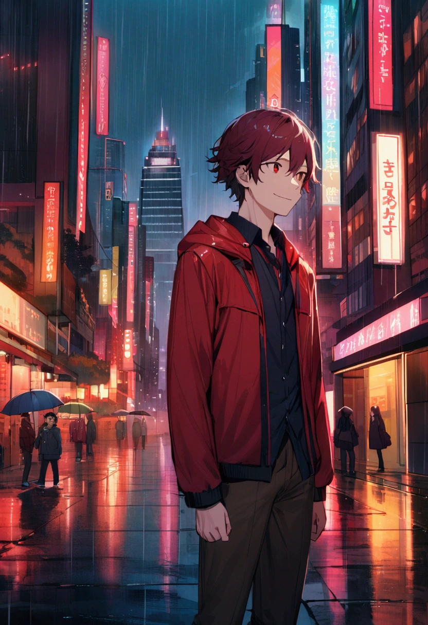 boy, tidy hair, short length hair, maroon hair, eyes black, ssmile, dark blue shirt, detailed dark red jacket, dark brown pants, Red sneakers, scenery in a bright night city with skyscrapers in the middle of a rain