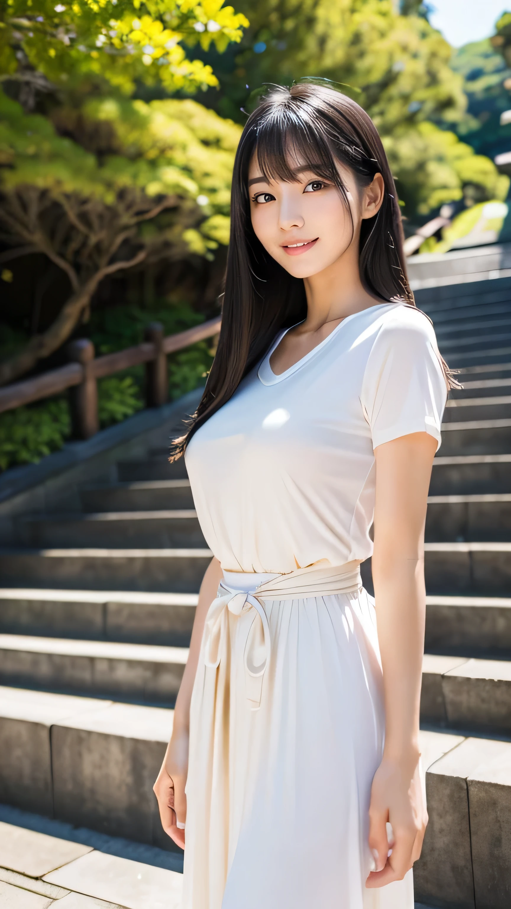 Create an ultra-realistic image of a 21-year-old Japanese woman named Kotone visiting Yamadera (Risshaku-ji). She has extremely long, perfectly straight black hair that flows down to her waist, with blunt bangs that cover her forehead. Her eyes are large, enchanting, and have double eyelids with sparkling black pupils, giving them a captivating and youthful appearance. Her face is delicate and innocent, with very thin eyebrows that frame her large, childlike eyes. Kotone's skin is smooth and flawless, resembling snow in its pure white color. She has a slender and well-proportioned body with a shapely bust size of 95 cm, a height of 158 cm, a weight of 43 kg, an ideal waist size of 58.46 cm, and an ideal hip size of 86.73 cm. Her complexion is flawless, without any wrinkles, and her natural makeup enhances her features subtly, maintaining a fresh and youthful look. She embodies a perfect balance of youthful charm and mature elegance, with a cute and innocent smile that adds warmth and affection to her appearance.

Kotone should be depicted standing on the steps leading up to Yamadera, with the scenic temple buildings and lush greenery in the background. She is wearing comfortable hiking attire suitable for exploring the temple grounds.
