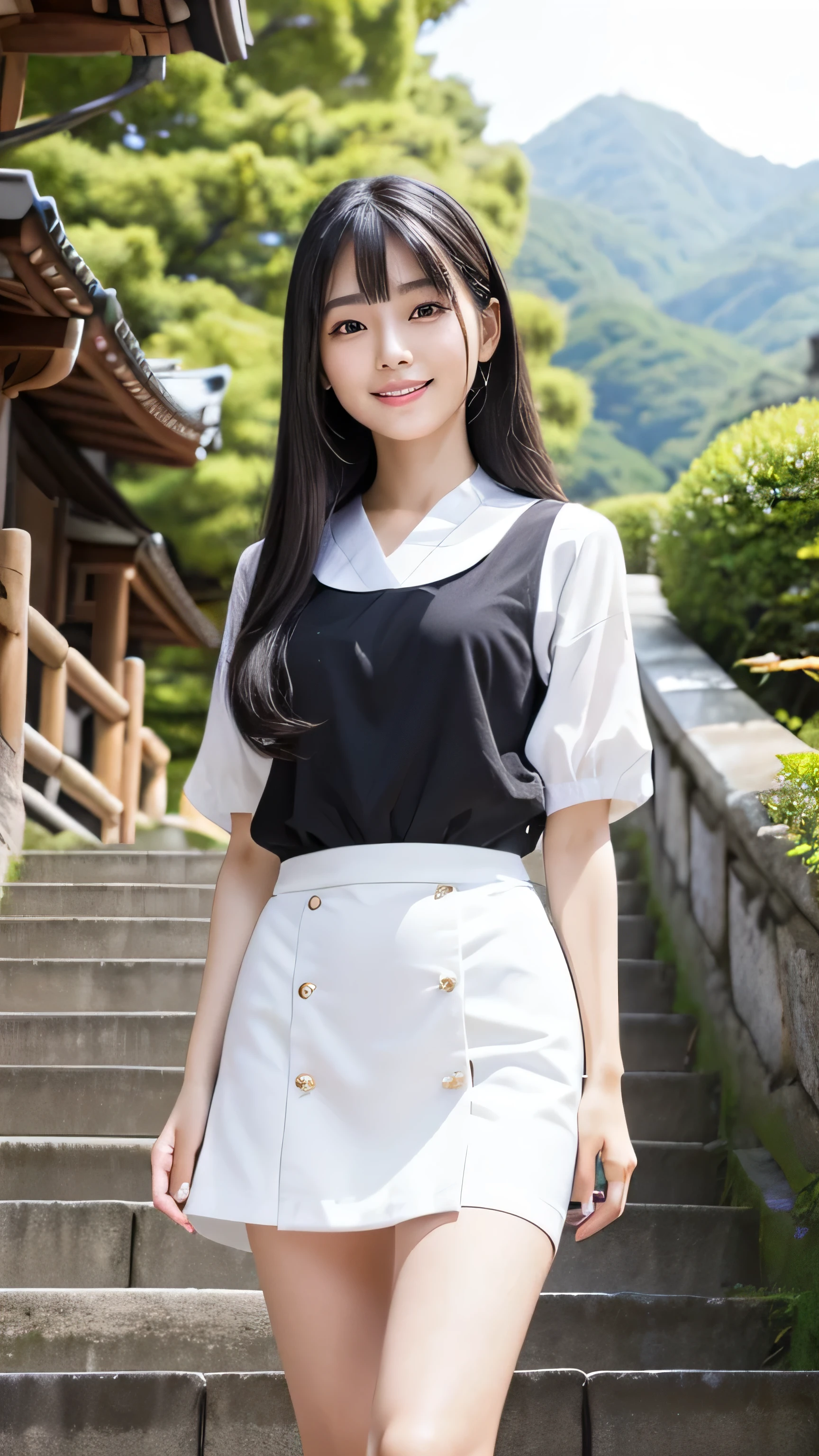 Create an ultra-realistic image of a 21-year-old Japanese woman named Kotone visiting Yamadera (Risshaku-ji). She has extremely long, perfectly straight black hair that flows down to her waist, with blunt bangs that cover her forehead. Her eyes are large, enchanting, and have double eyelids with sparkling black pupils, giving them a captivating and youthful appearance. Her face is delicate and innocent, with very thin eyebrows that frame her large, childlike eyes. Kotone's skin is smooth and flawless, resembling snow in its pure white color. She has a slender and well-proportioned body with a shapely bust size of 95 cm, a height of 158 cm, a weight of 43 kg, an ideal waist size of 58.46 cm, and an ideal hip size of 86.73 cm. Her complexion is flawless, without any wrinkles, and her natural makeup enhances her features subtly, maintaining a fresh and youthful look. She embodies a perfect balance of youthful charm and mature elegance, with a cute and innocent smile that adds warmth and affection to her appearance.

Kotone should be depicted standing on the steps leading up to Yamadera, with the scenic temple buildings and lush greenery in the background. She is wearing comfortable hiking attire suitable for exploring the temple grounds.
