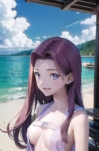 Medusa Rider (masterpiece), BREAK 1woman, skimpy translucent wet summer dress, raining, wavy hair, floating hair, smile, standing, open mouth, light particles, purple hair, deep violet eyes, looking at viewer, face focus, BREAK, scenery, beach, ocean in the orizon, petals, light particles, BREAK cowboy shot